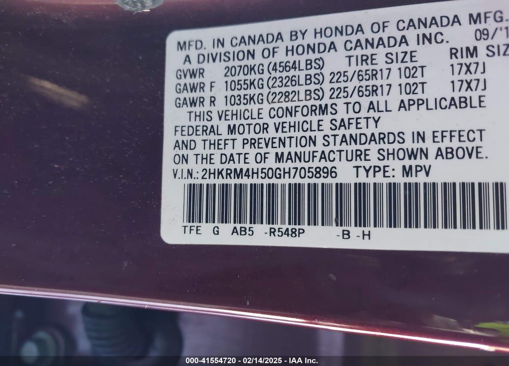 2016 HONDA CR-V EX VIN: 2HKRM4H50GH705896