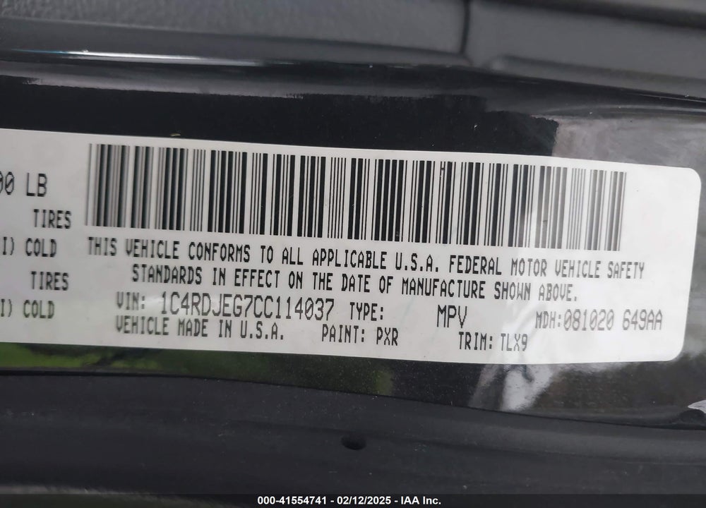 2012 DODGE DURANGO CITADEL VIN: 1C4RDJEG7CC114037