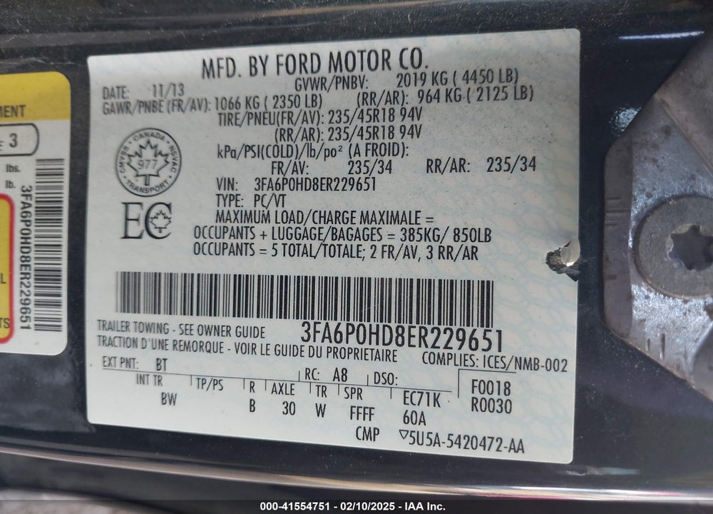 2014 FORD FUSION VIN: 3FA6P0HD8ER229651