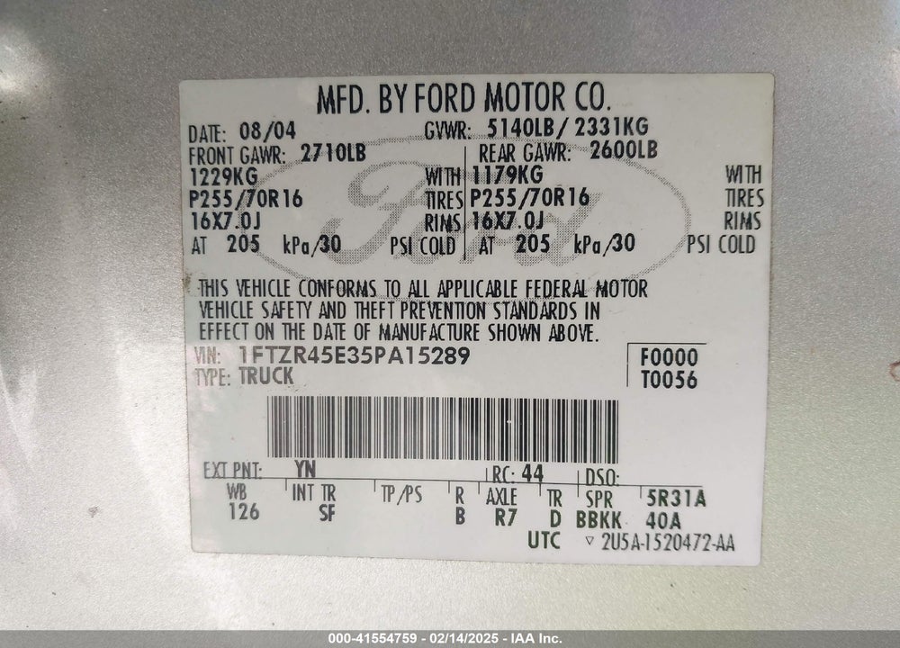 2005 FORD RANGER EDGE/FX4 LEVEL II/FX4 OFF-ROAD/XLT VIN: 1FTZR45E35PA15289
