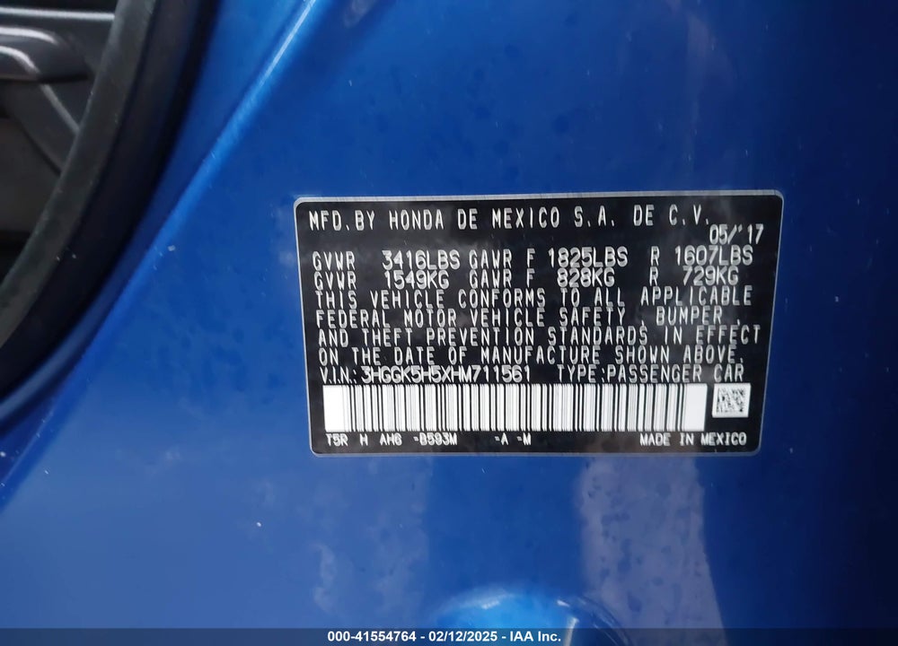 2017 HONDA FIT VIN: 3HGGK5H5XHM711561
