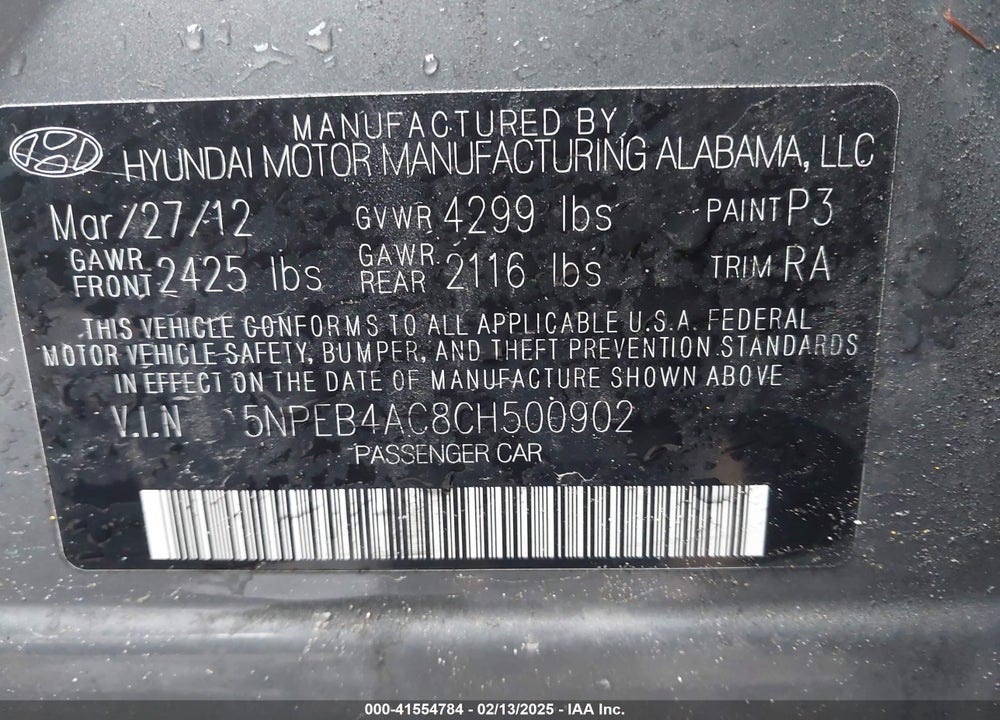 2012 HYUNDAI SONATA GLS VIN: 5NPEB4AC8CH500902