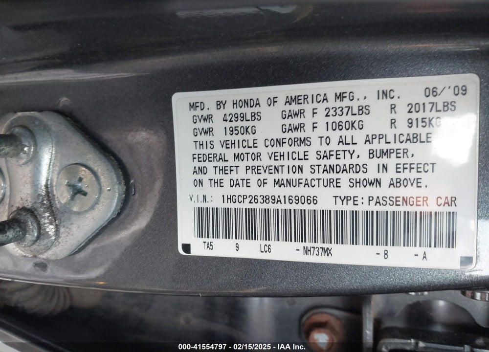 2009 HONDA ACCORD 2.4 LX VIN: 1HGCP26389A169066