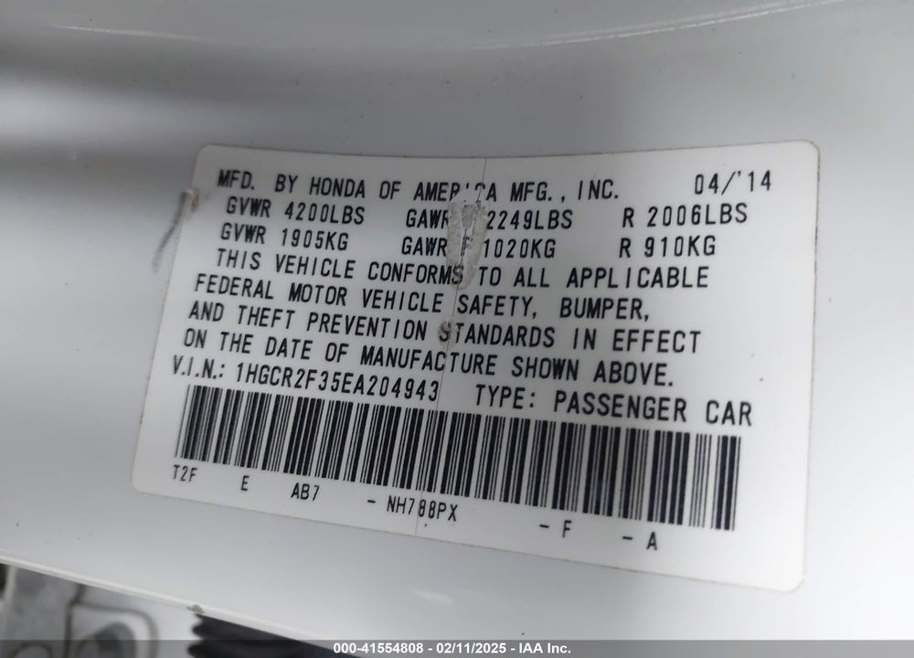 2014 HONDA ACCORD VIN: 1HGCR2F35EA204943