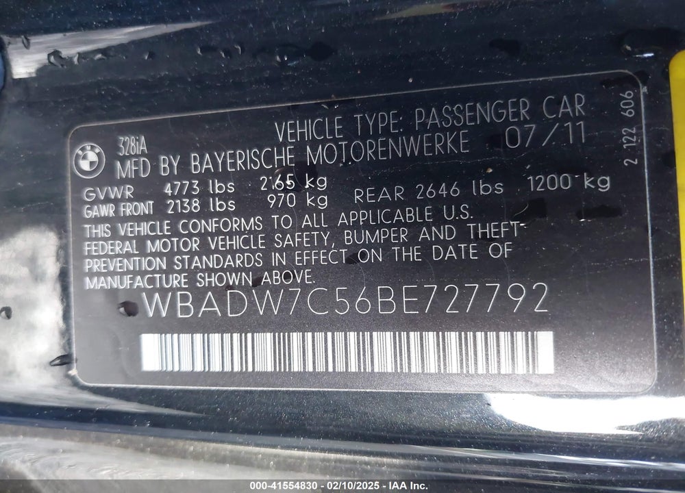 2011 BMW 328I VIN: WBADW7C56BE727792