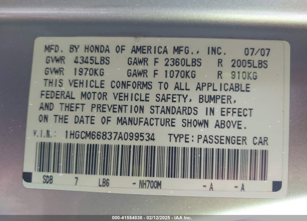 2007 HONDA ACCORD VIN: 1HGCM66837A099534