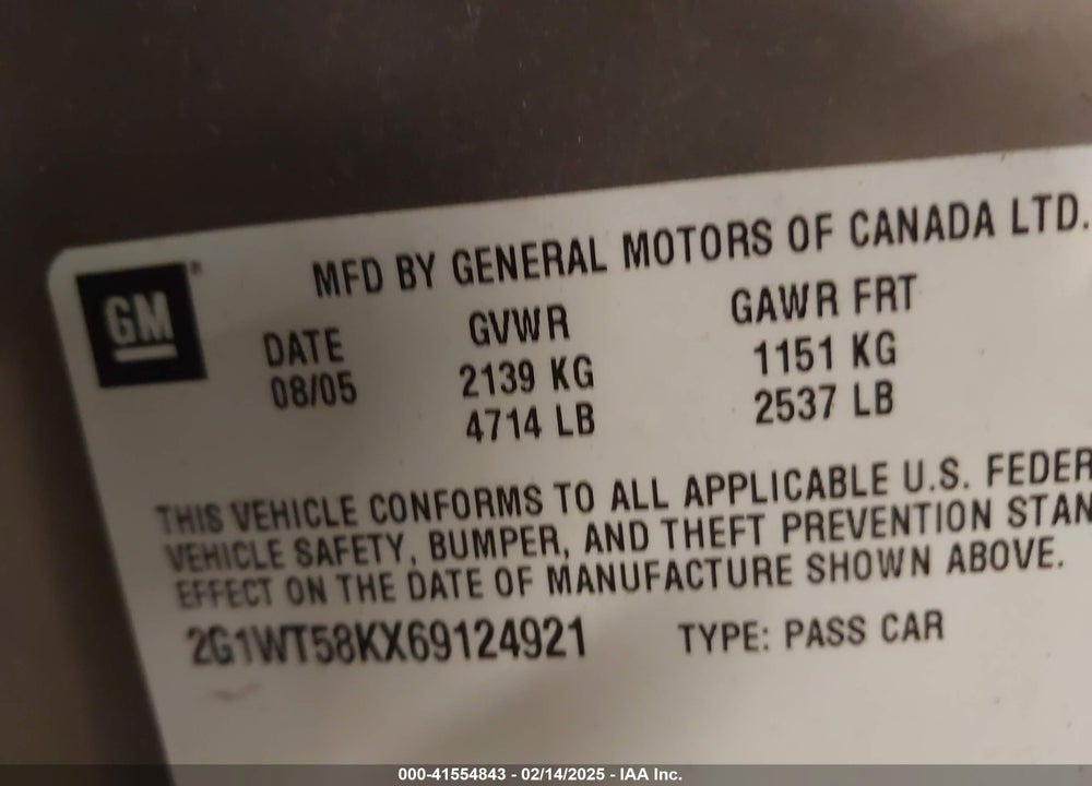 2006 CHEVROLET IMPALA LT VIN: 2G1WT58KX69124921