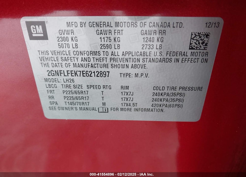 2014 CHEVROLET EQUINOX 1LT VIN: 2GNFLFEK7E6212897