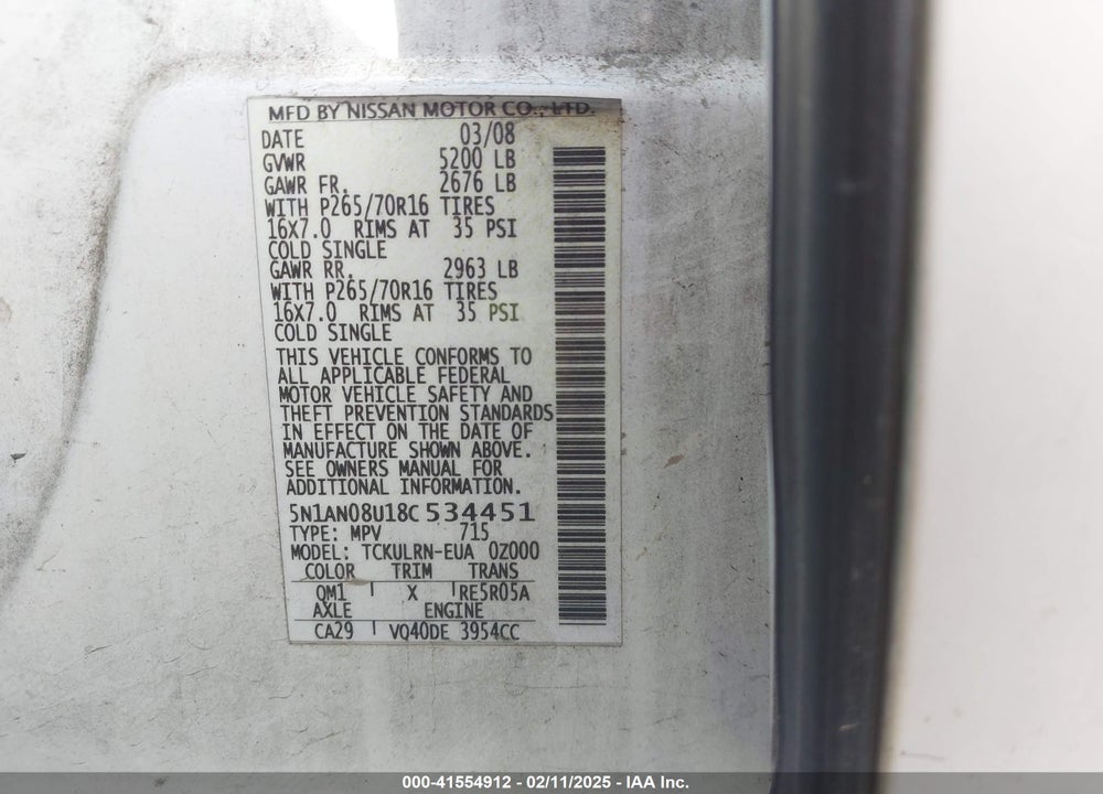 2008 NISSAN XTERRA S VIN: 5N1AN08U18C534451