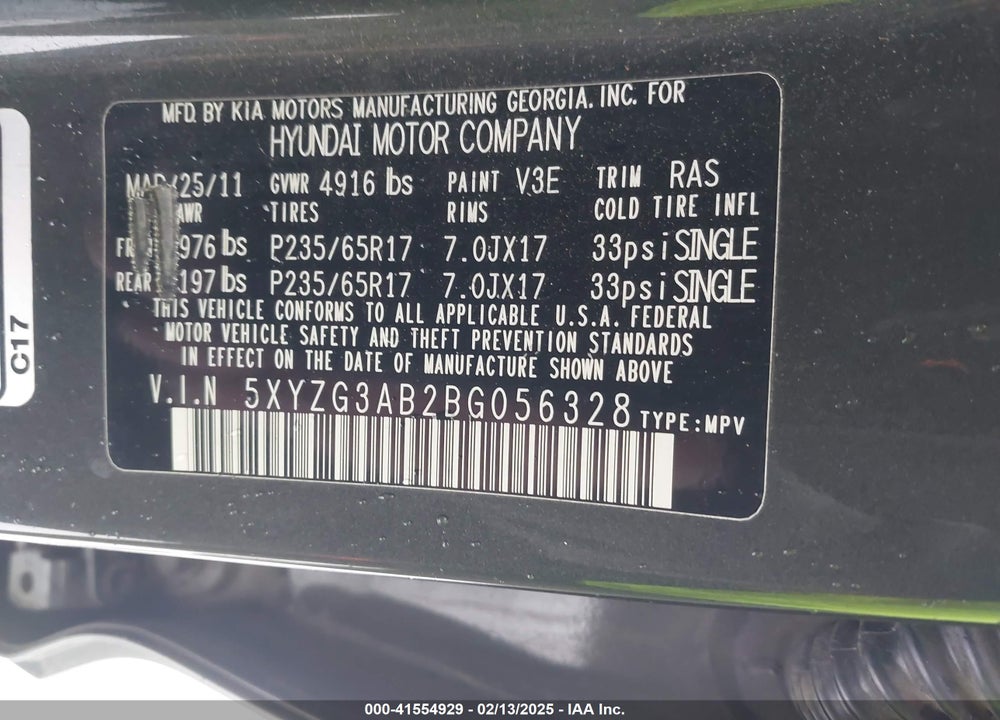 2011 HYUNDAI SANTA FE GLS VIN: 5XYZG3AB2BG056328