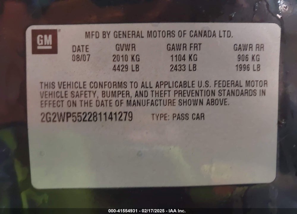 2008 PONTIAC GRAND PRIX VIN: 2G2WP552281141279