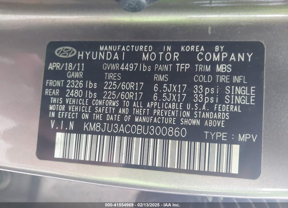 2011 HYUNDAI TUCSON VIN: KM8JU3AC0BU300860