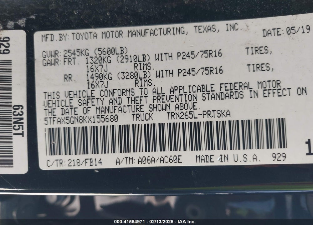 2019 TOYOTA TACOMA SR VIN: 5TFAX5GN8KX155680