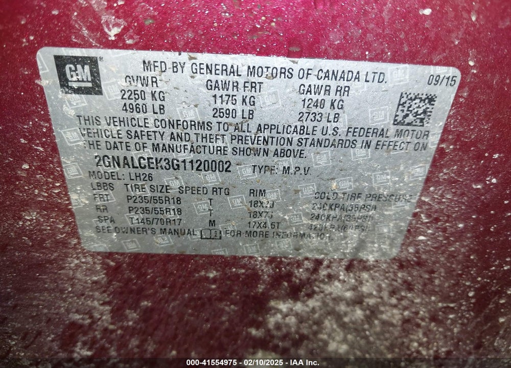 2016 CHEVROLET EQUINOX LT VIN: 2GNALCEK3G1120002