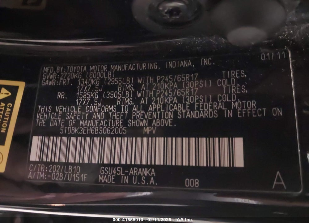 2011 TOYOTA HIGHLANDER SE V6 VIN: 5TDBK3EH6BS062005