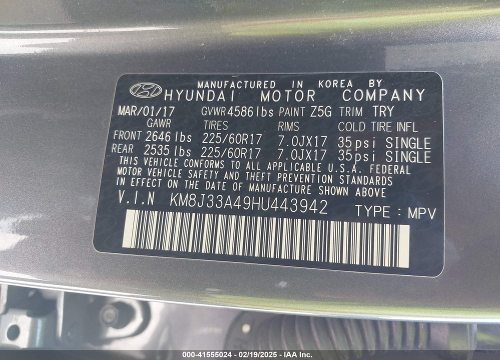 2017 HYUNDAI TUCSON SE VIN: KM8J33A49HU443942