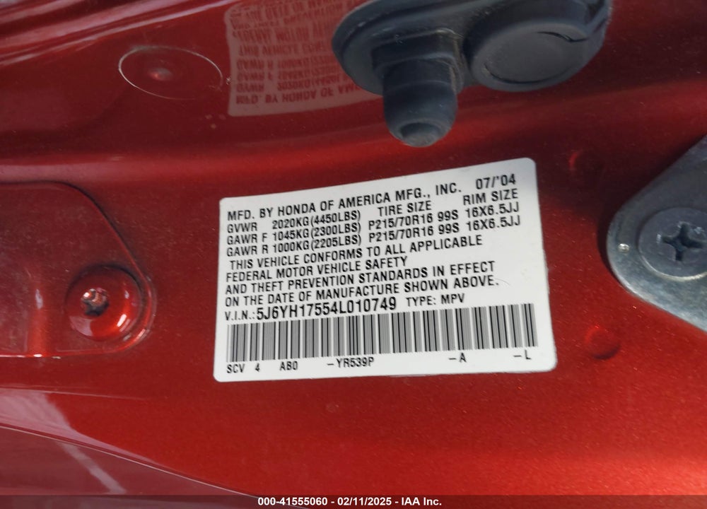 2004 HONDA ELEMENT EX VIN: 5J6YH17554L010749