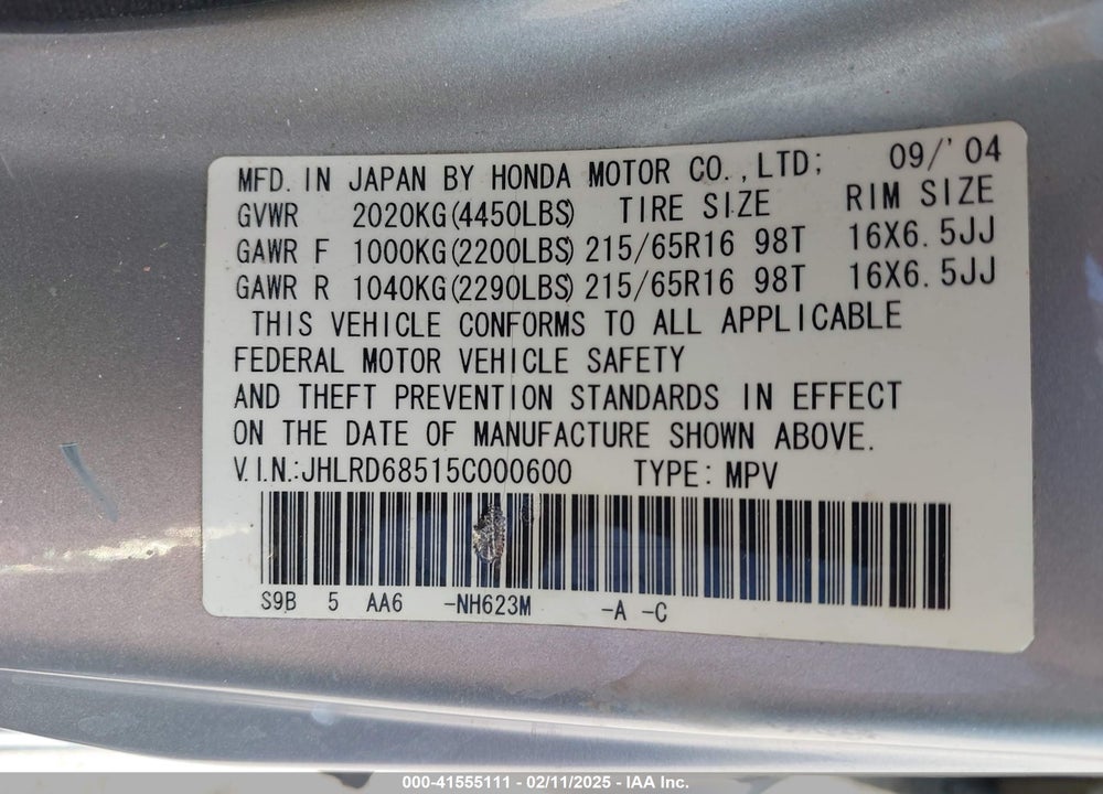 2005 HONDA CR-V LX VIN: JHLRD68515C000600