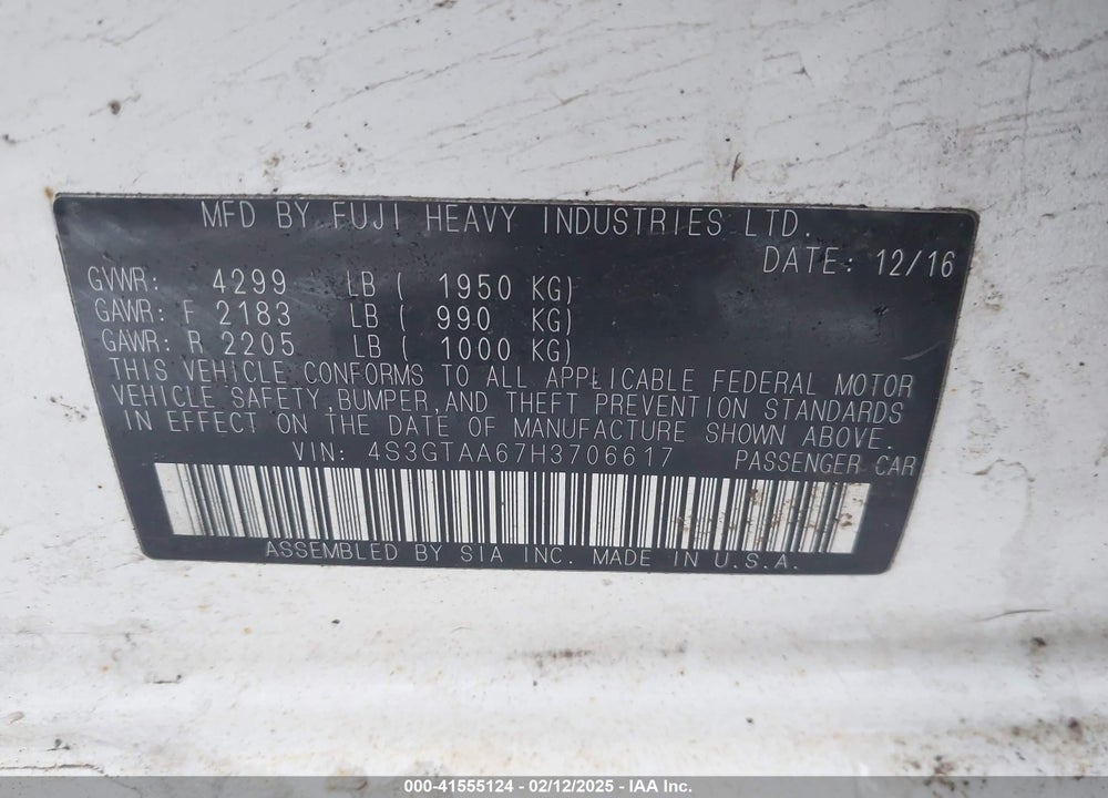 2017 SUBARU IMPREZA 2.0I VIN: 4S3GTAA67H3706617
