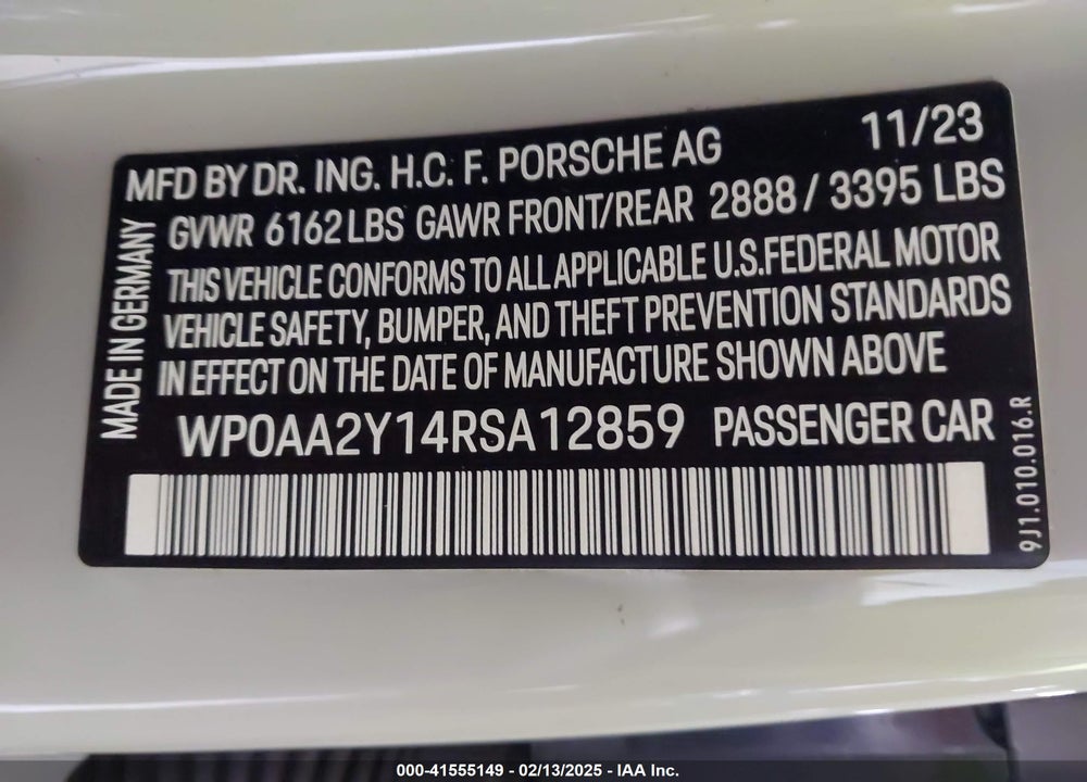 2024 PORSCHE TAYCAN VIN: WP0AA2Y14RSA12859