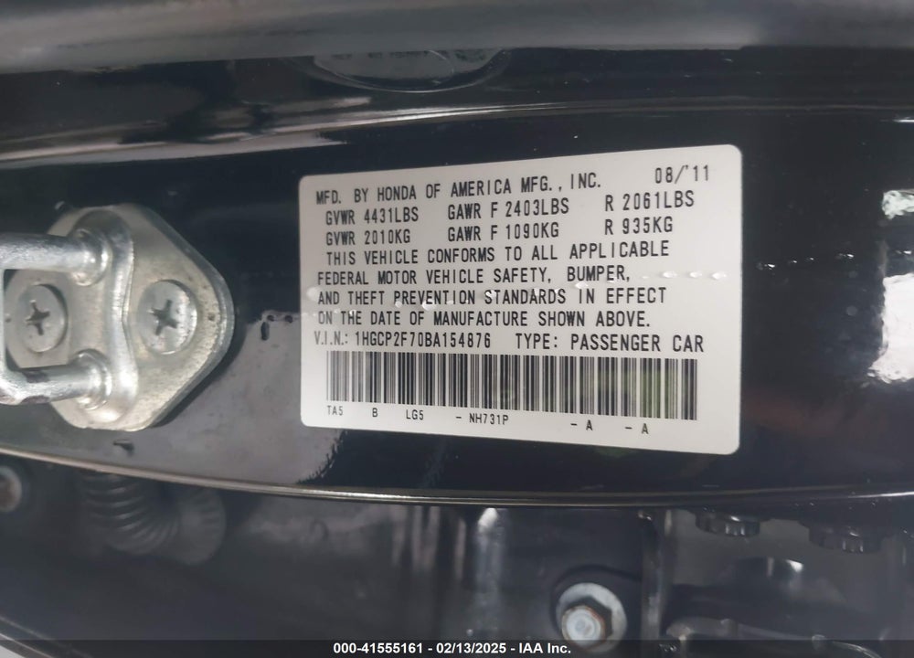 2011 HONDA ACCORD 2.4 EX VIN: 1HGCP2F70BA154876