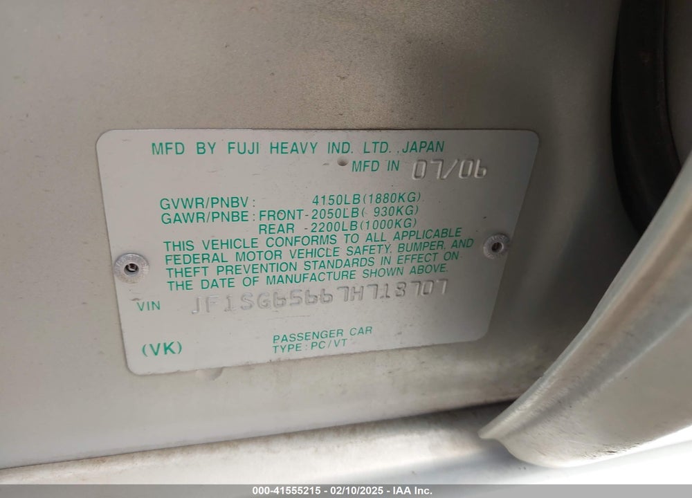 2007 SUBARU FORESTER 2.5X VIN: JF1SG65667H718707