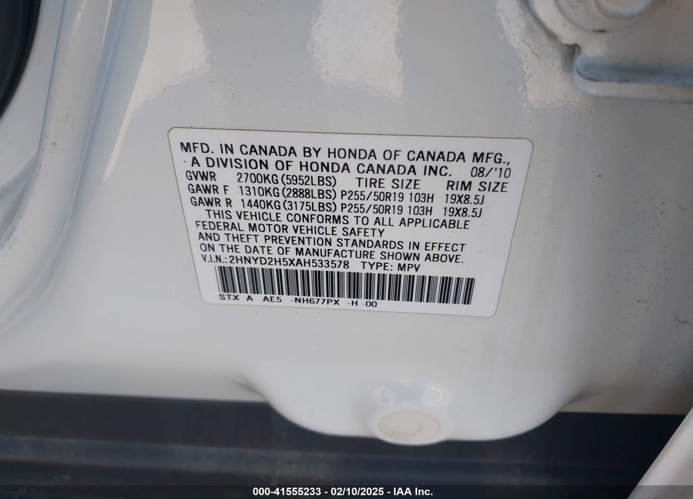 2010 ACURA MDX ADVANCE PACKAGE VIN: 2HNYD2H5XAH533578