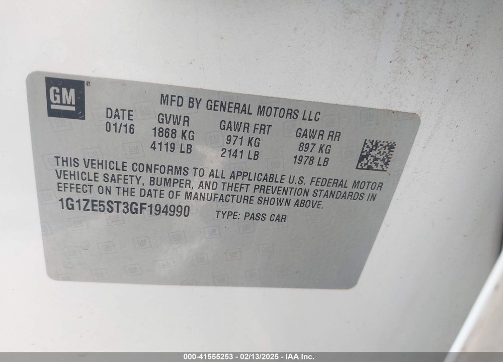 2016 CHEVROLET MALIBU VIN: 1G1ZE5ST3GF194990