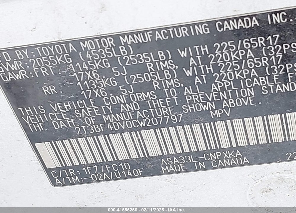 2012 TOYOTA RAV4 VIN: 2T3BF4DV0CW207797