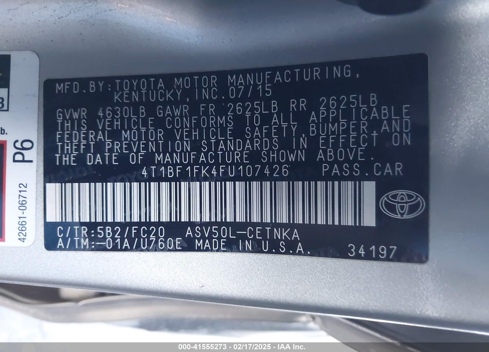 2015 TOYOTA CAMRY LE VIN: 4T1BF1FK4FU107426
