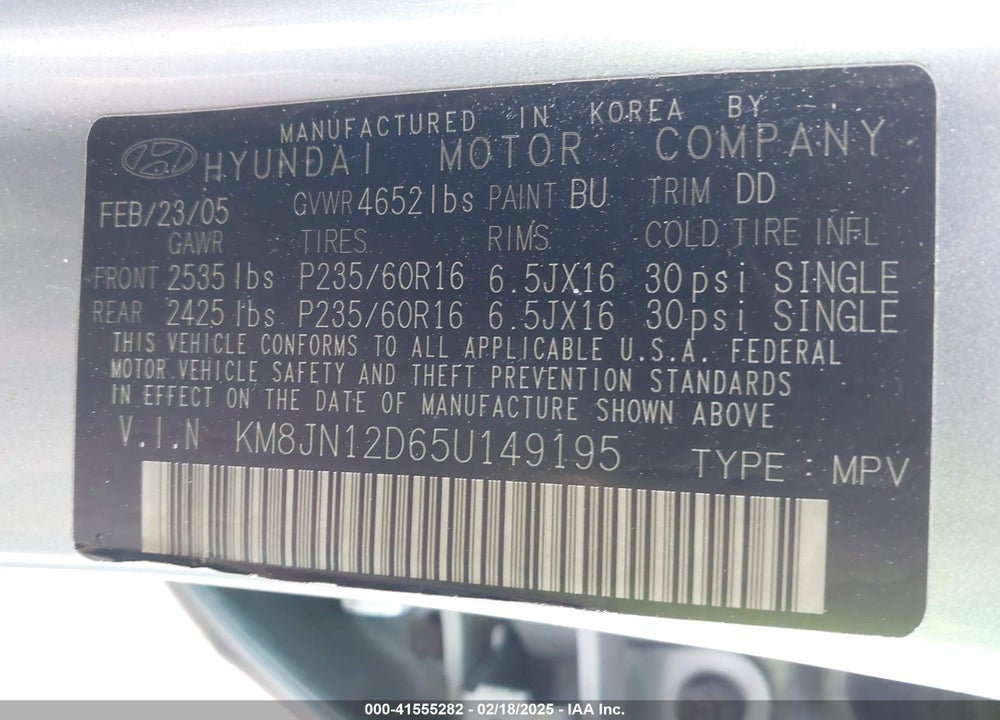 2005 HYUNDAI TUCSON VIN: KM8JN12D65U149195