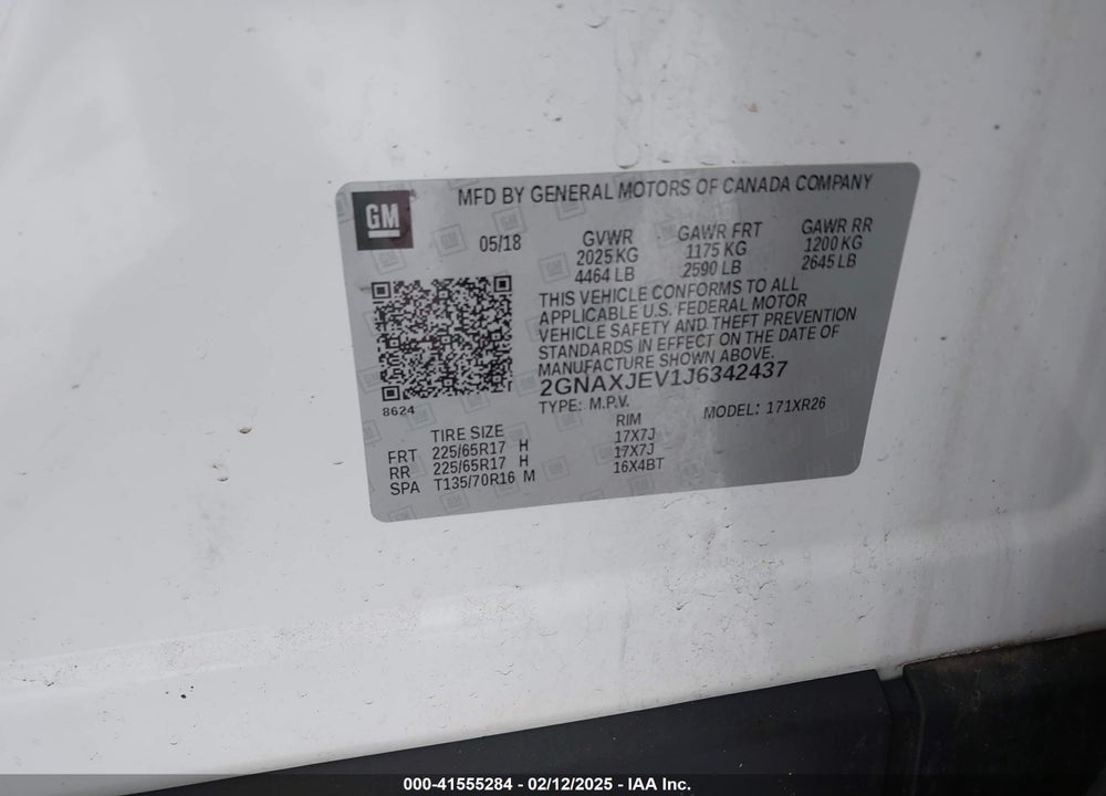 2018 CHEVROLET EQUINOX LT VIN: 2GNAXJEV1J6342437