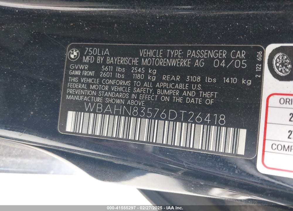 2006 BMW 750LI VIN: WBAHN83576DT26418