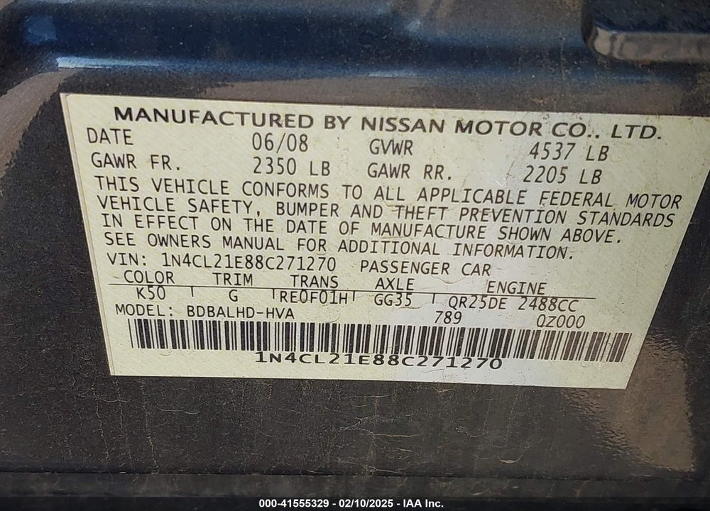 2008 NISSAN ALTIMA HYBRID VIN: 1N4CL21E88C271270