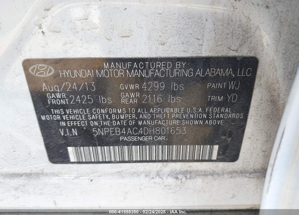 2013 HYUNDAI SONATA VIN: 5NPEB4AC4DH801653