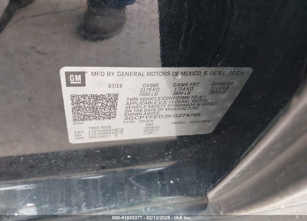 2019 CHEVROLET SILVERADO 1500 VIN: 3GCPYFED3KG274765
