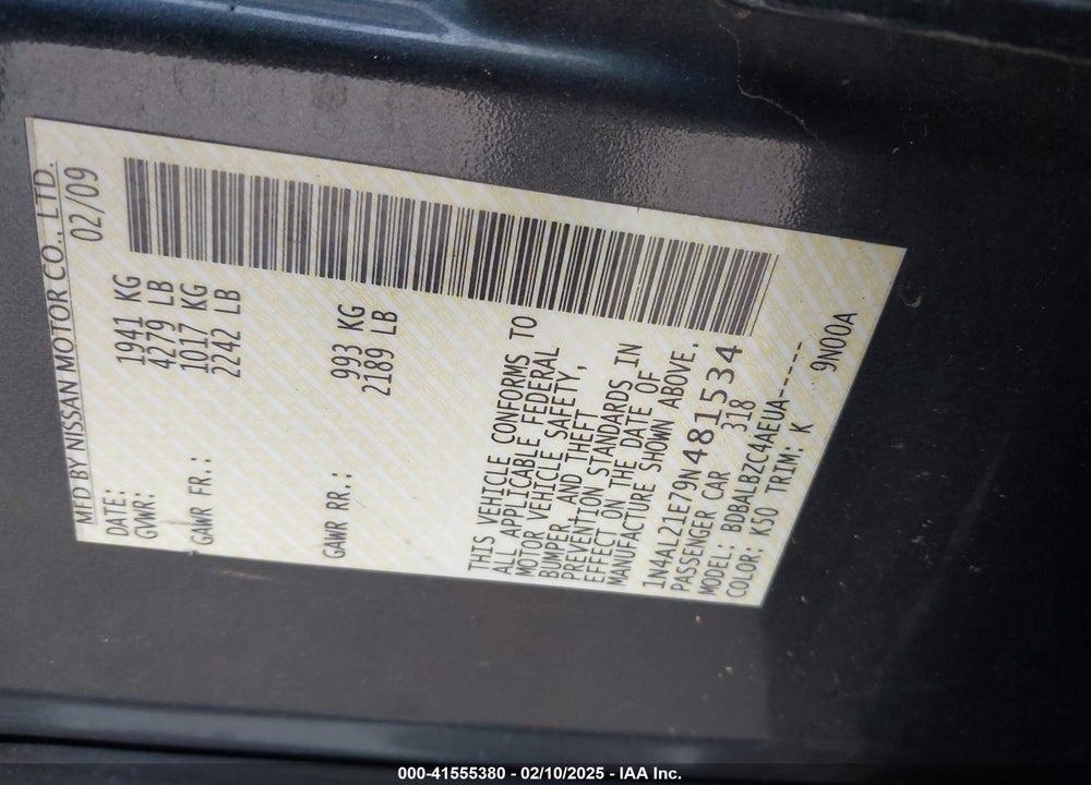 2009 NISSAN ALTIMA VIN: 1N4AL21E79N481534
