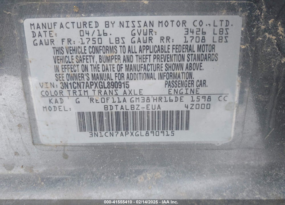 2016 NISSAN VERSA VIN: 3N1CN7APXGL890915