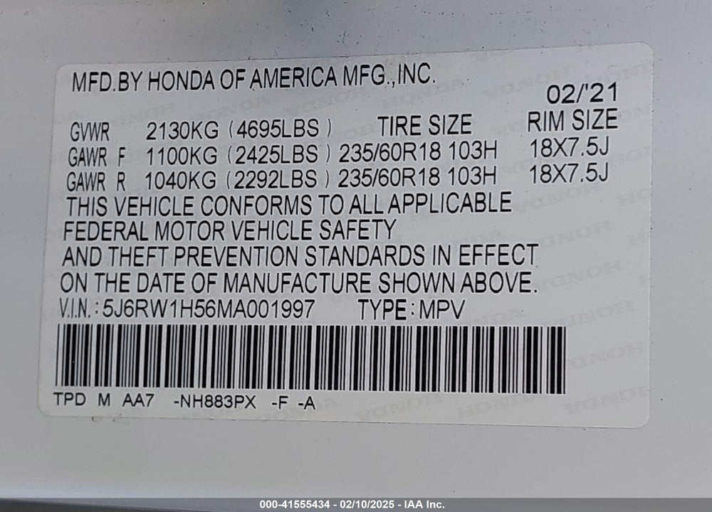 2021 HONDA CR-V 2WD EX VIN: 5J6RW1H56MA001997