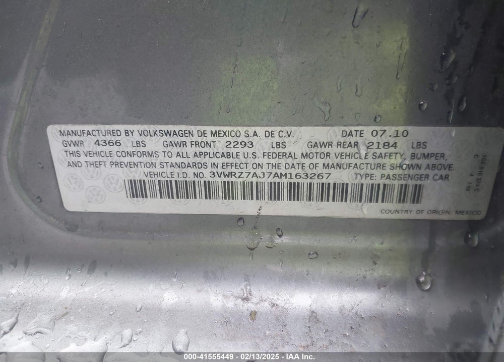 2010 VOLKSWAGEN JETTA VIN: 3VWRZ7AJ7AM163267