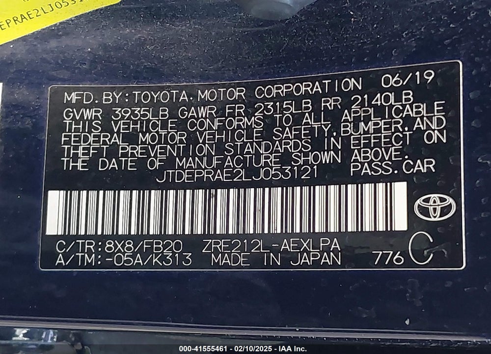2020 TOYOTA COROLLA LE VIN: JTDEPRAE2LJ053121