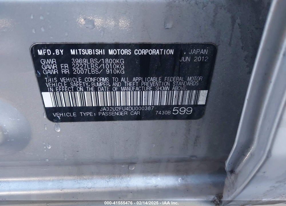 2013 MITSUBISHI LANCER VIN: JA32U2FU4DU000387