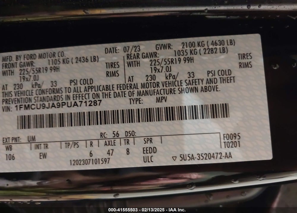 2023 FORD ESCAPE PLATINUM VIN: 1FMCU9JA9PUA71287