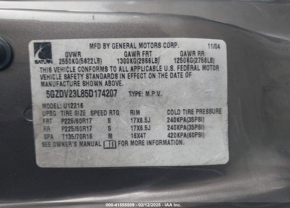 2005 SATURN RELAY FWD VIN: 5GZDV23L85D174207