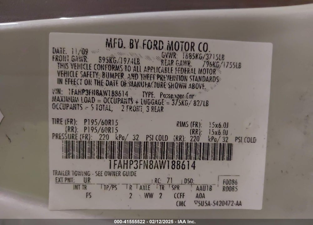 2010 FORD FOCUS VIN: 1FAHP3FN8AW188614