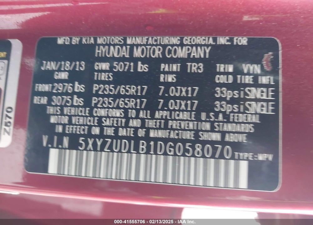 2013 HYUNDAI SANTA FE SPORT VIN: 5XYZUDLB1DG058070