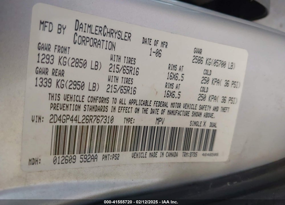 2006 DODGE GRAND CARAVAN SXT VIN: 2D4GP44L26R767310