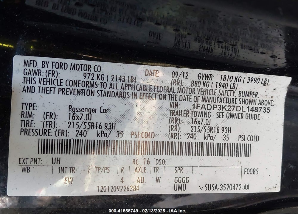 2013 FORD FOCUS VIN: 1FADP3K27DL148735