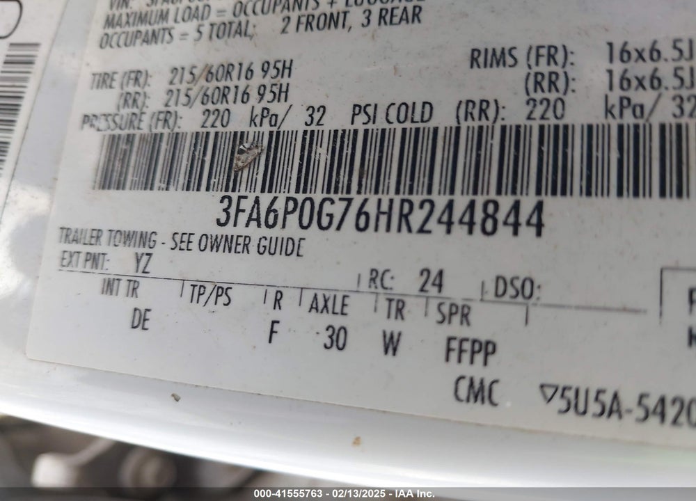 2017 FORD FUSION VIN: 3FA6P0G76HR244844