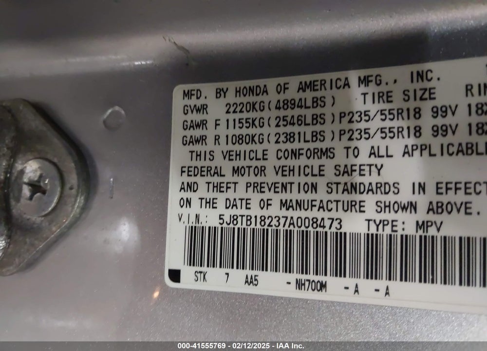 2007 ACURA RDX VIN: 5J8TB18237A008473